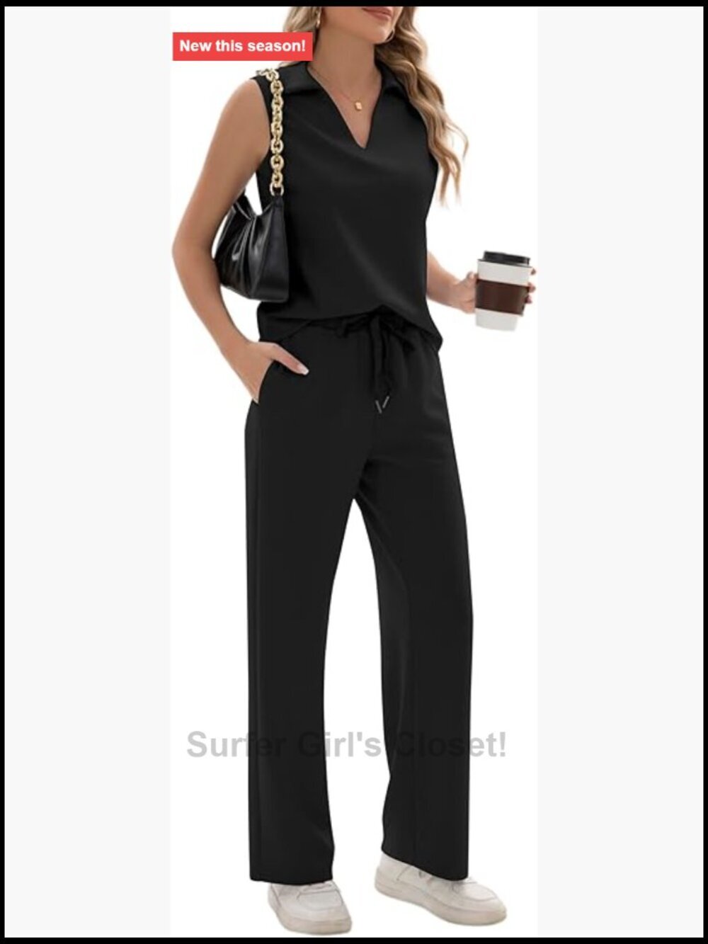 Sleeveless V-Neck Collared Two Piece Lounge Set with Wide Leg Pants